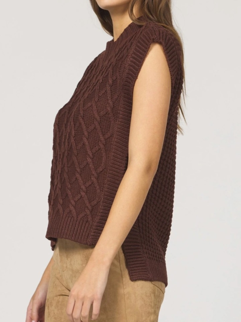 DEAR JOHN Chocolate Brown Cable Knit Short-Sleeve Sweater Oversized Large - Picture 11 of 13